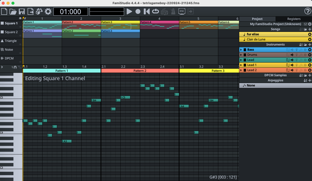 FamiStudio screenshot showing the notes for Beethoven's Fur Elise