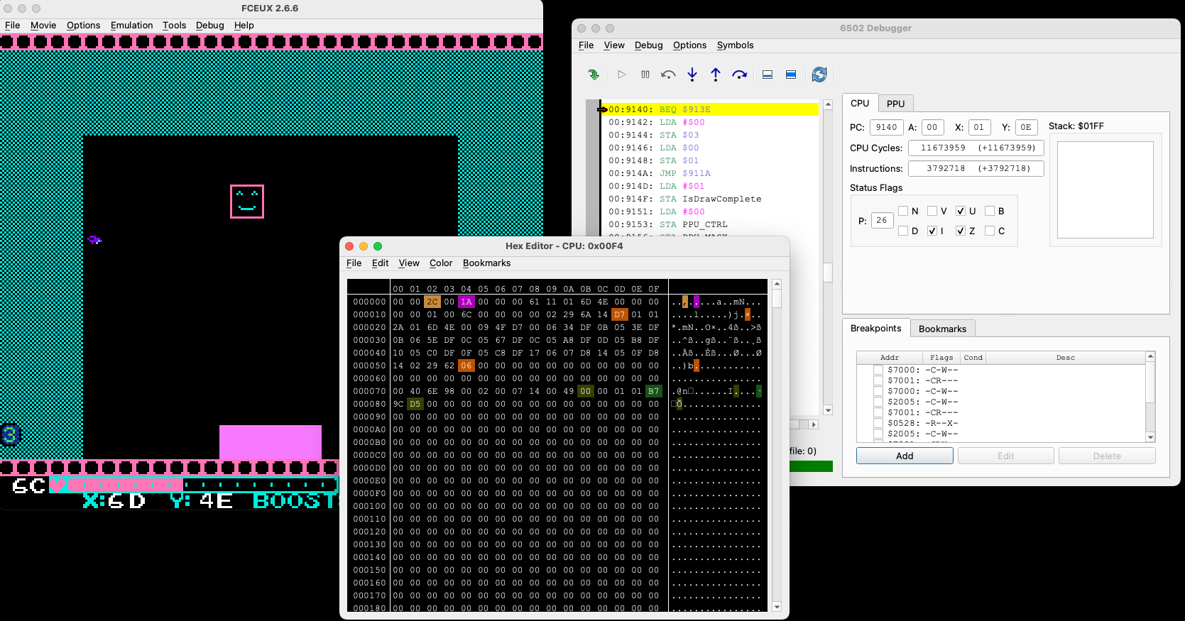 Screenshot of FCEUX with the debugger and hex editor windows open
